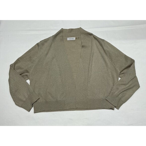 Calvin Klein Cardigan Crop Sweater Womens XL Tan Gold Metallic Holiday Party - Picture 1 of 7